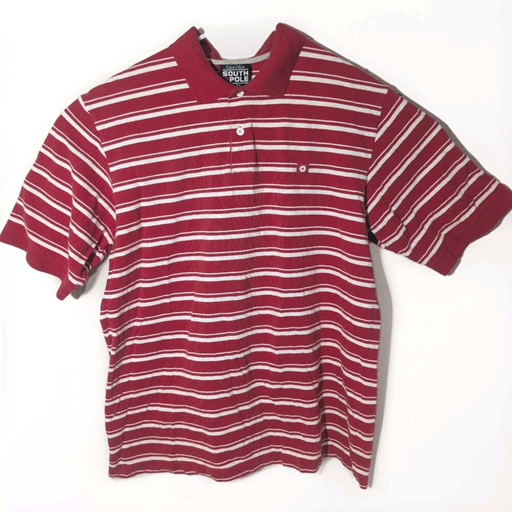 Vintage Southpole Shirt Mens XL Red+White Striped Polo 100% Cotton Y2k 90s